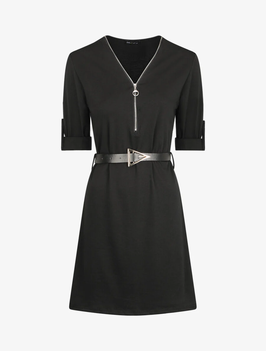 Robe uni coupe droite à col zippé - Noir
