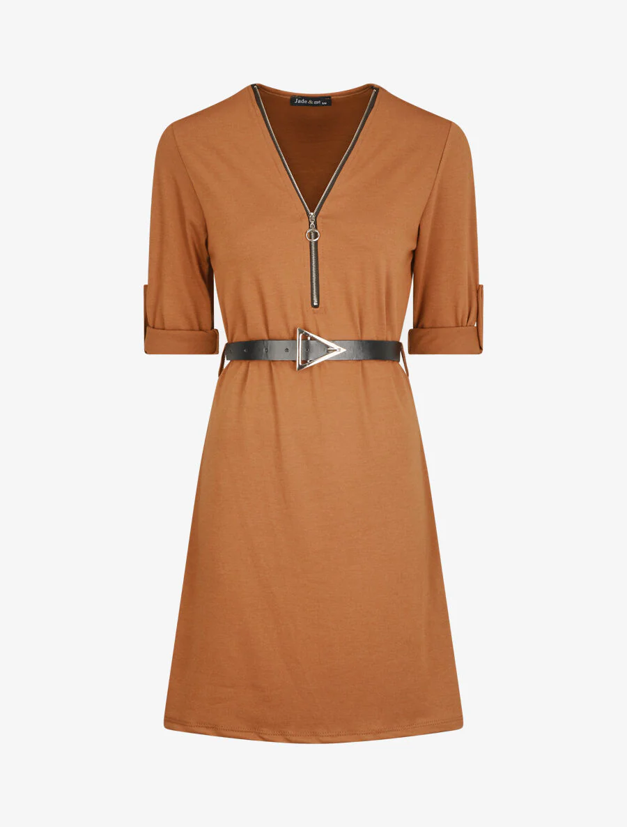 Robe uni coupe droite à col zippé - Camel