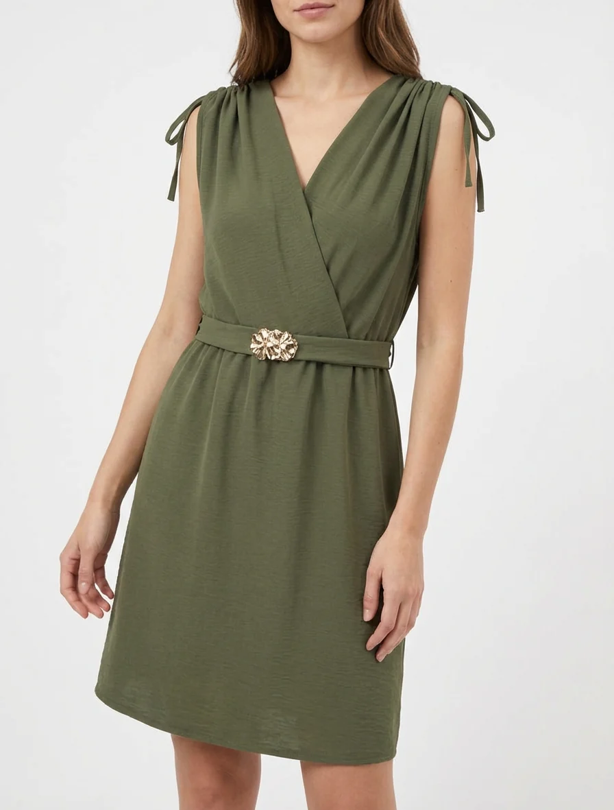 Robe unie à empiècement bijou à la taille - Kaki - Image 4