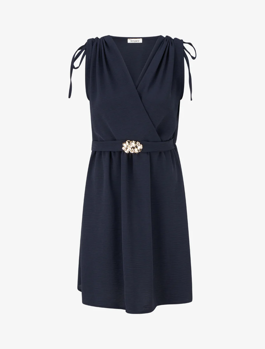 Robe unie à empiècement bijou à la taille - Marine