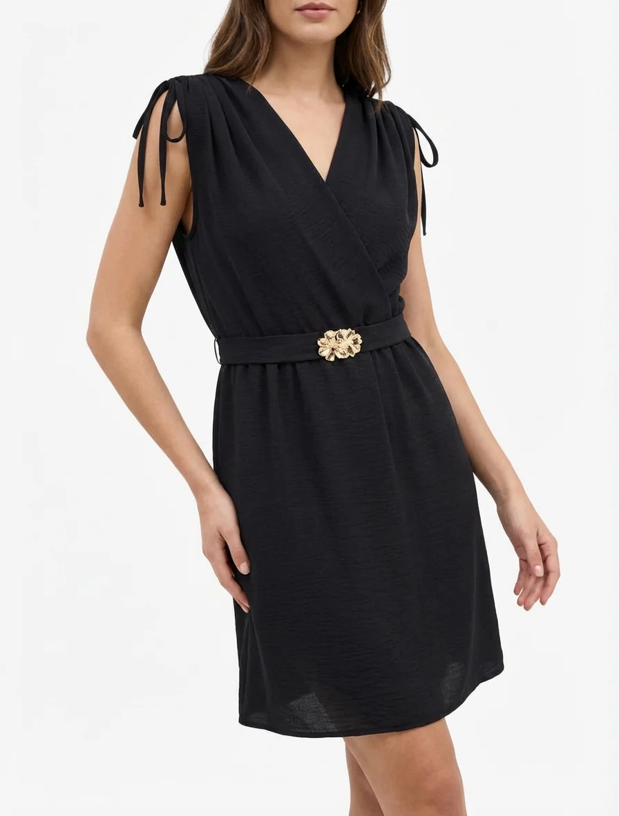 Robe unie à empiècement bijou à la taille - Noir - Image 4