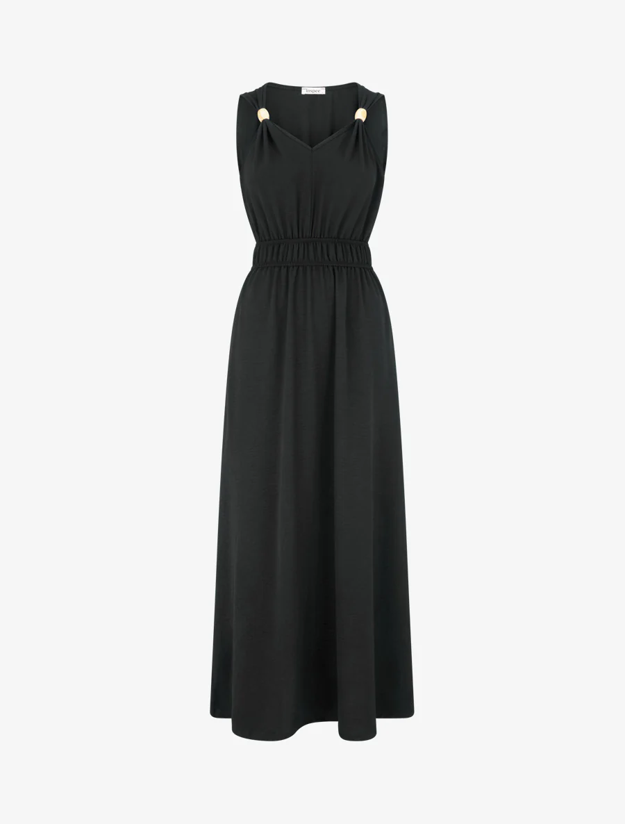 Robe unie à empiècement perles en bois - Noir