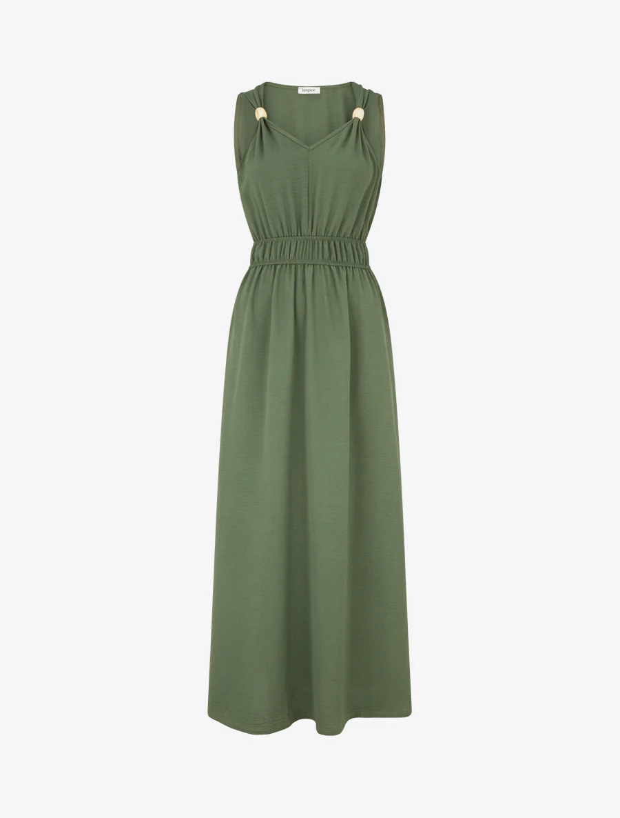 Robe unie à empiècement perles en bois - Kaki