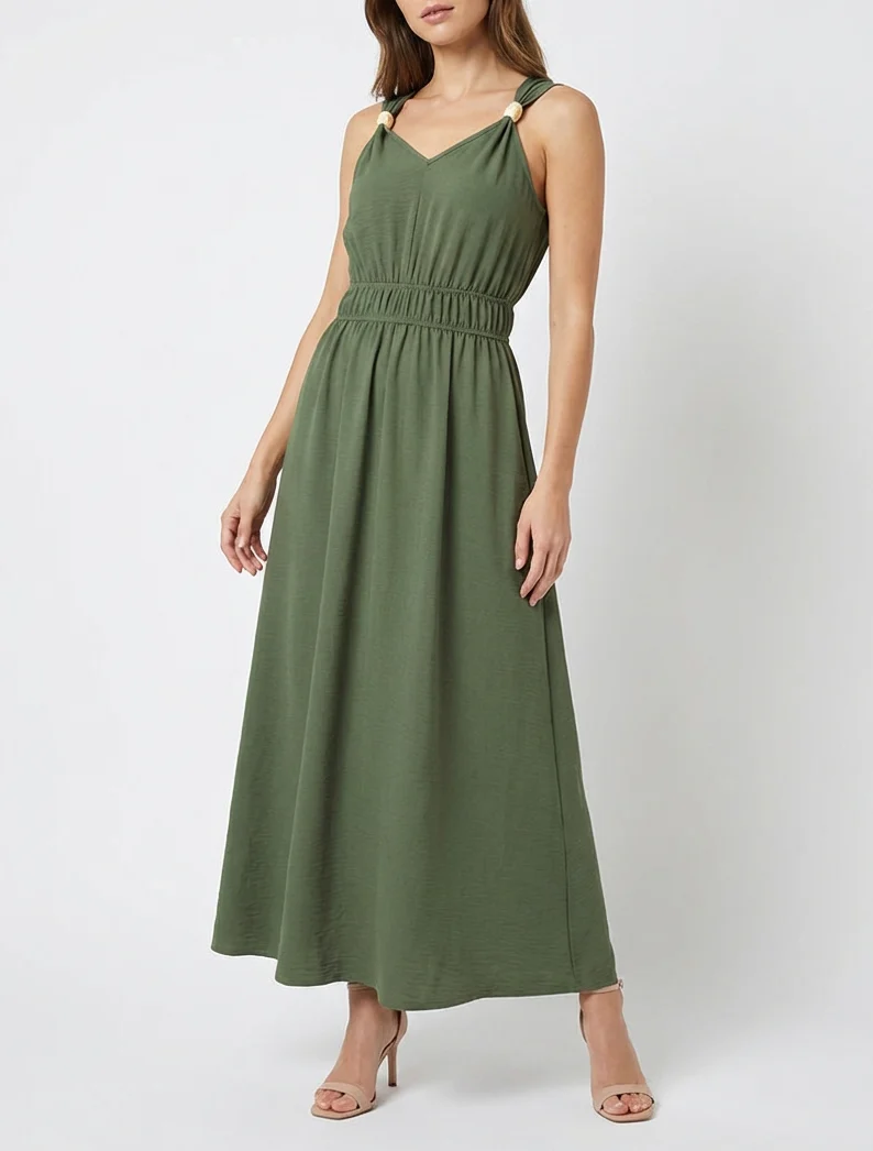 Robe unie à empiècement perles en bois - Kaki - Image 4