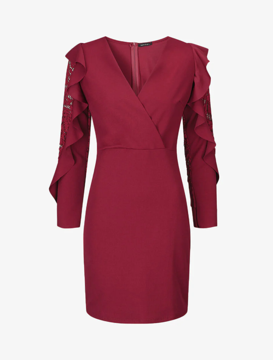 Robe unie à manches longues volantées en dentelle - Bordeaux