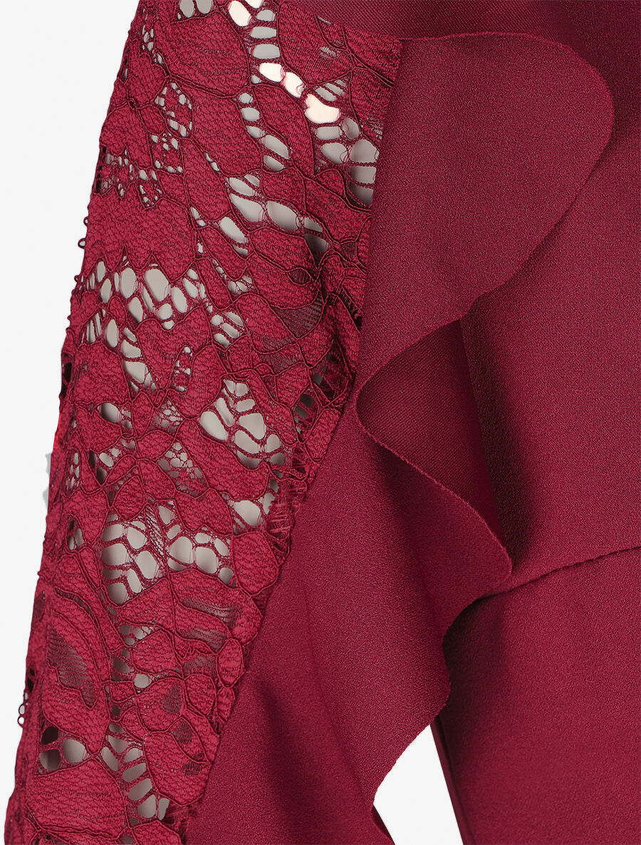 Robe unie à manches longues volantées en dentelle - Bordeaux - Image 3