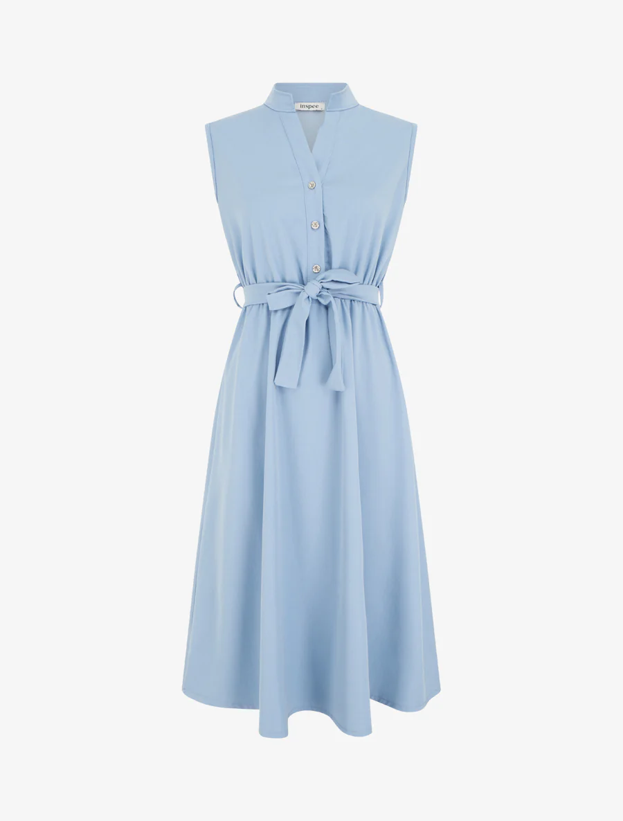 Robe unie élastiquée à buste boutonné - Bleu ciel