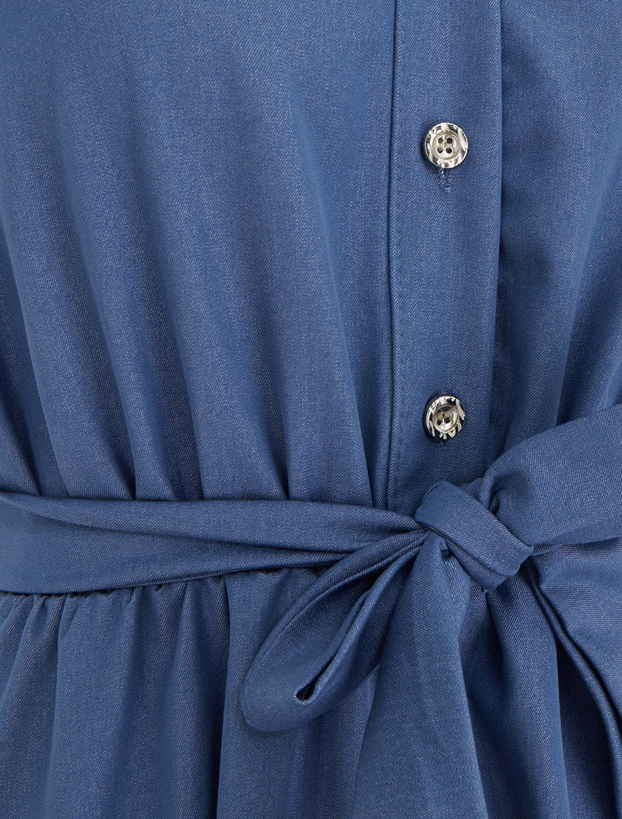 Robe unie élastiquée à buste boutonné - Bleu - Image 3
