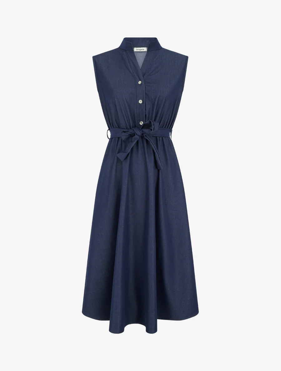 Robe unie élastiquée à buste boutonné - Bleu brut