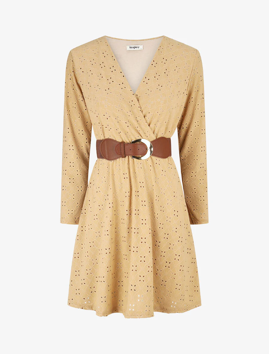 Robe unie élastiquée et ajourée - Camel