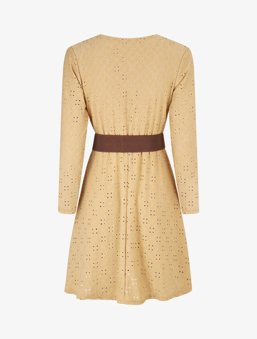 Robe unie élastiquée et ajourée - Camel - Image 2