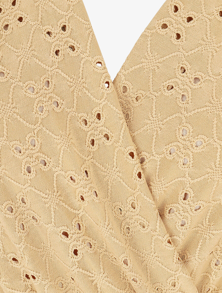 Robe unie élastiquée et ajourée - Camel - Image 3