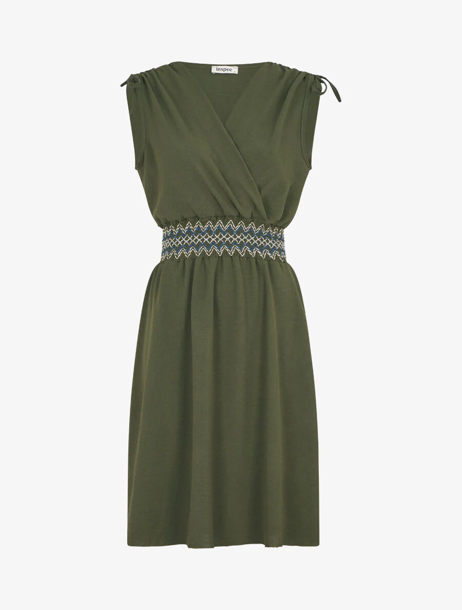 Robe unie sans manches à taille élastiquée - Kaki
