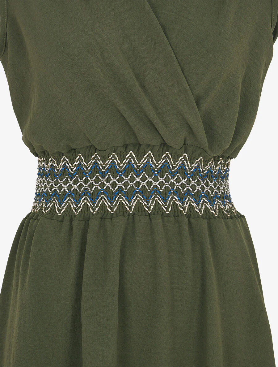 Robe unie sans manches à taille élastiquée - Kaki - Image 3