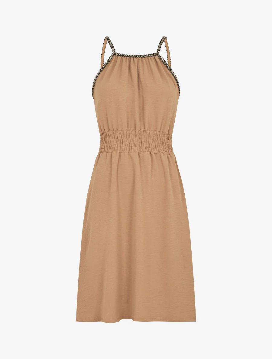 Robe unie sans manches à taille élastiquée - Camel