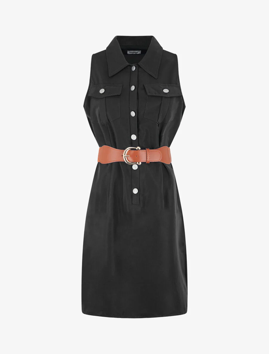 Robe unie style chemise sans manches - Noir