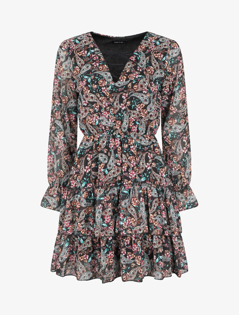 Robe volantée à col à lacets et imprimé cachemire fleuri - Noir