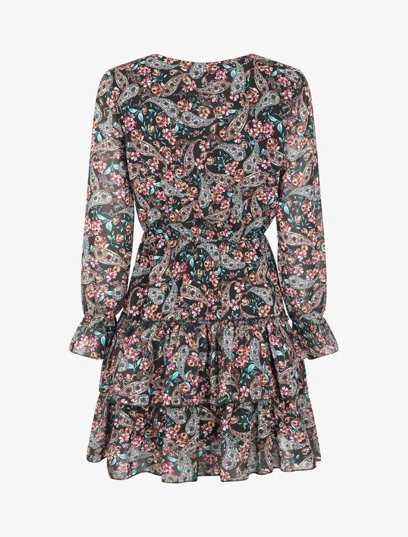 Robe volantée à col à lacets et imprimé cachemire fleuri - Noir - Image 2