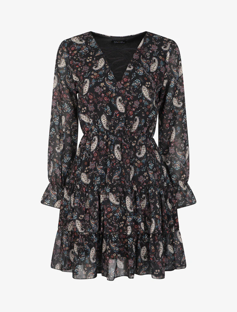 Robe volantée à col à lacets et imprimé cachemire - Noir