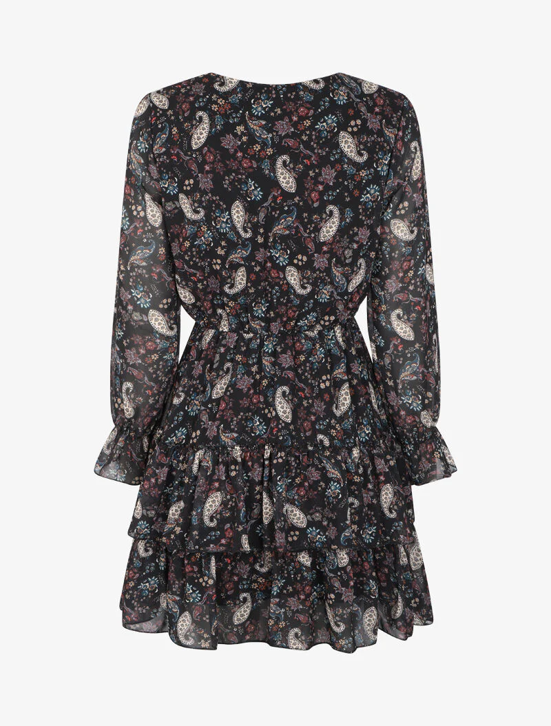 Robe volantée à col à lacets et imprimé cachemire - Noir - Image 2