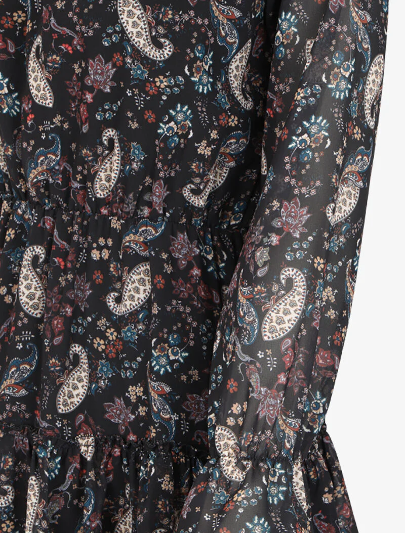 Robe volantée à col à lacets et imprimé cachemire - Noir - Image 3