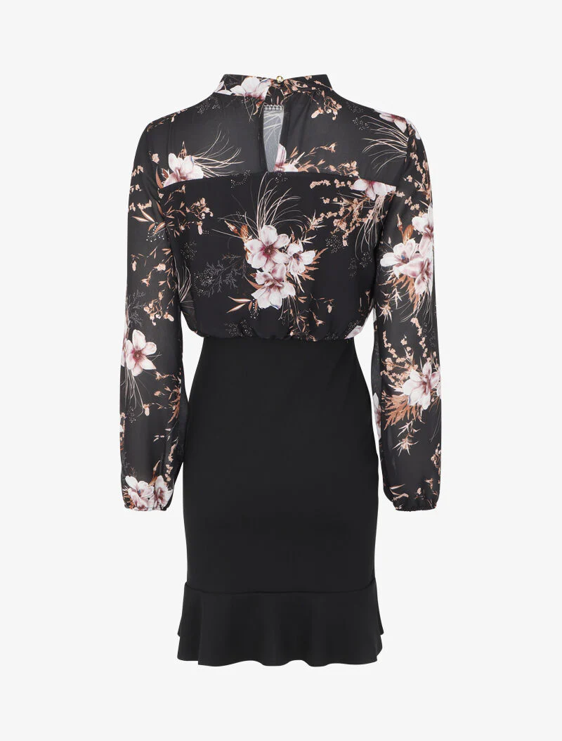 Robe volantée à motif fleurs d'orchidées - Noir - Image 2