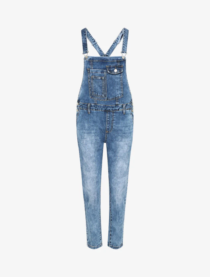 Salopette en jean délavé coupe slim à poche avant stylisée - Bleu denim