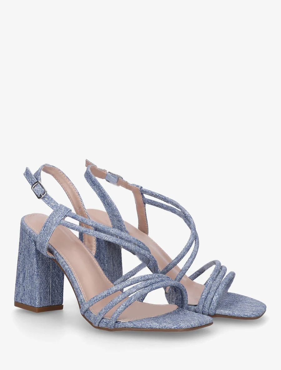 Sandales à talon et brides fines effet jean - Bleu - Image 4