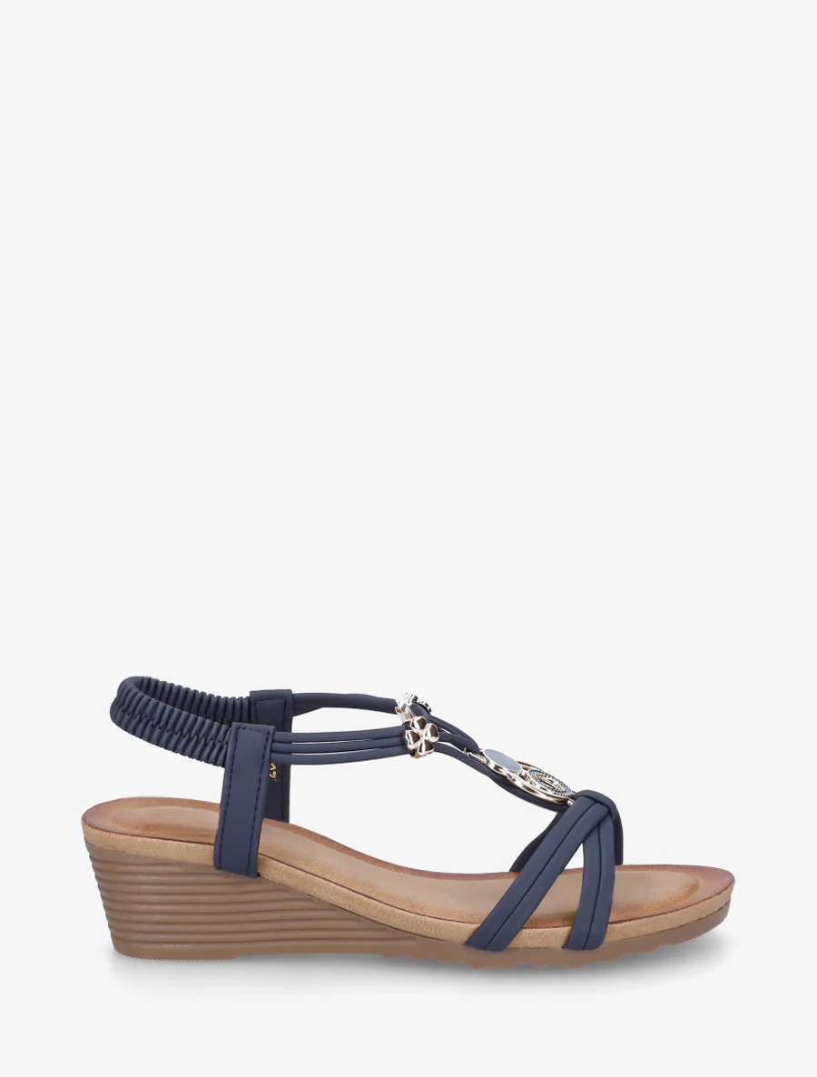 Sandales compensées à bijoux métalliques - Marine