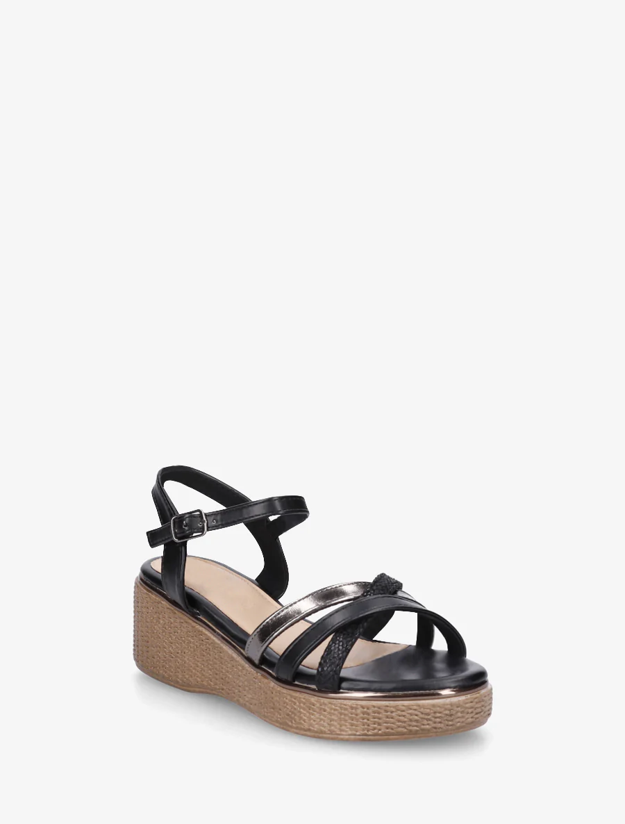 Sandales compensées à brides croisées fantaisies - Noir - Image 2