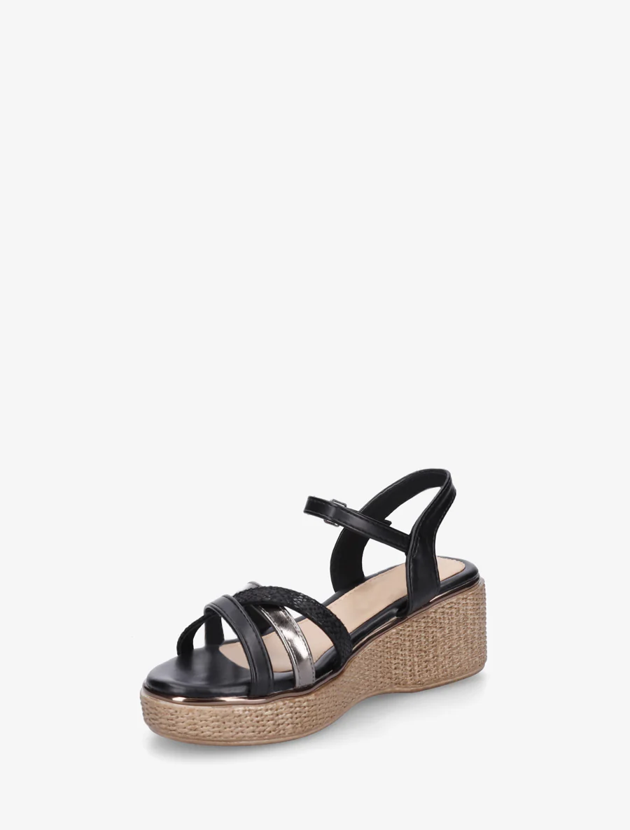Sandales compensées à brides croisées fantaisies - Noir - Image 3