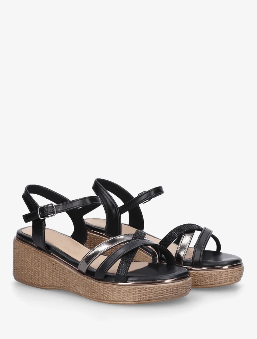 Sandales compensées à brides croisées fantaisies - Noir - Image 4