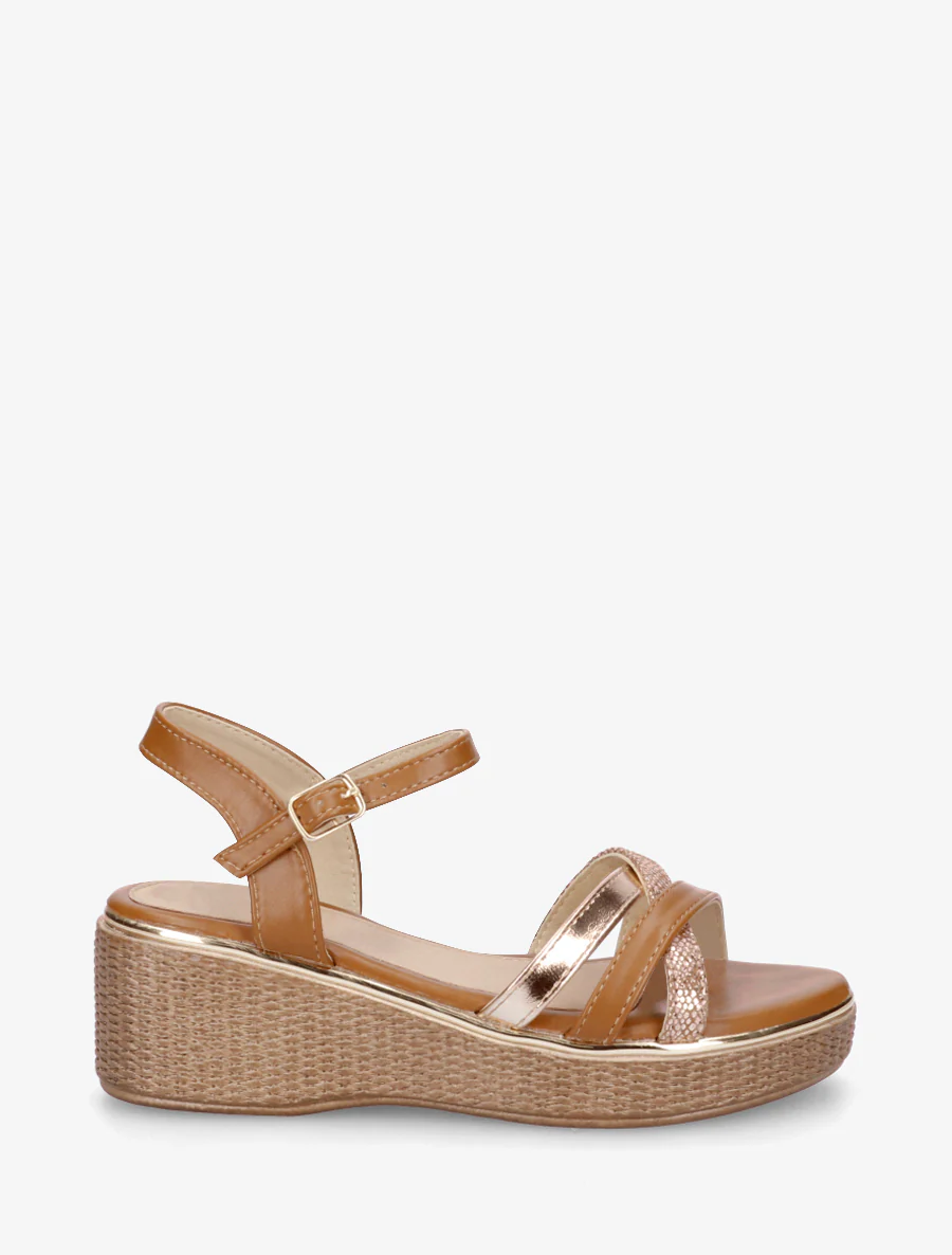 Sandales compensées à brides croisées fantaisies - Camel