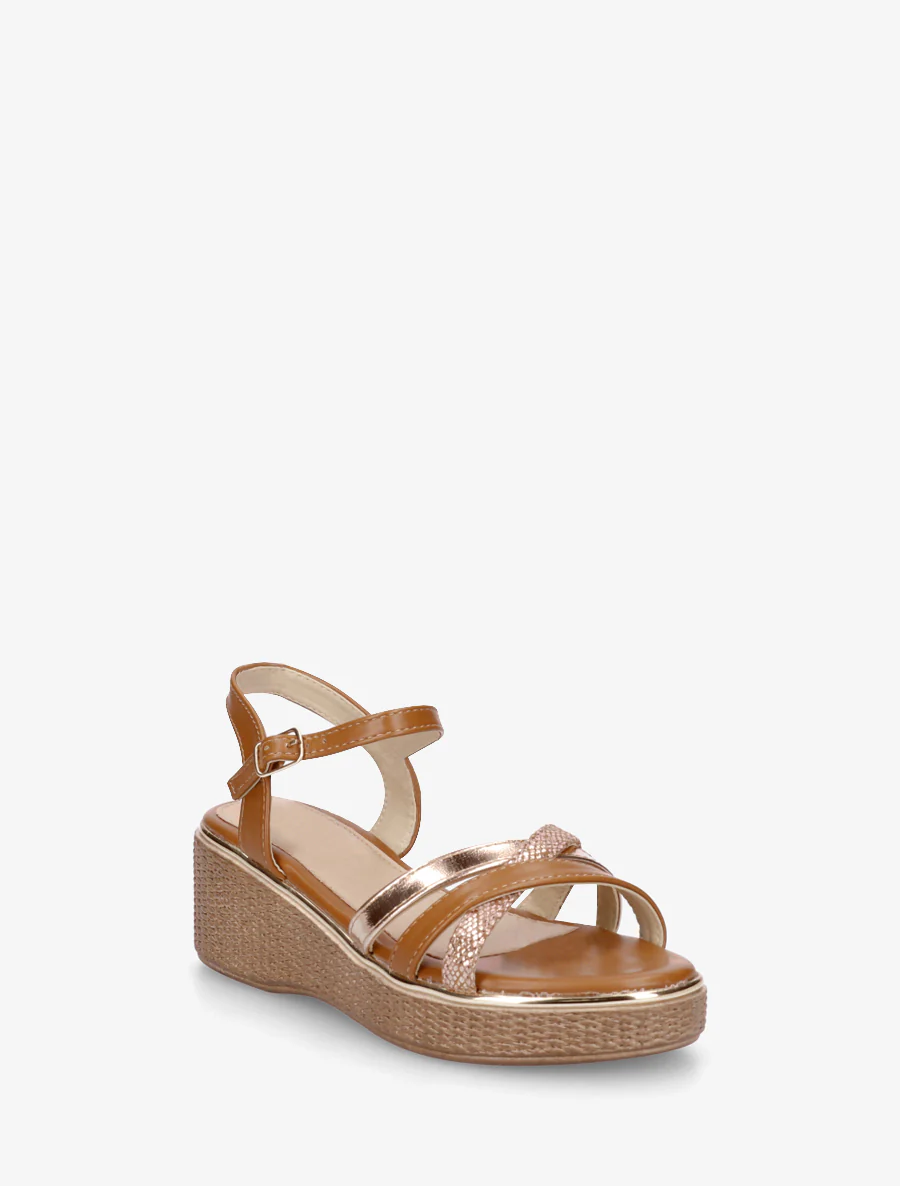 Sandales compensées à brides croisées fantaisies - Camel - Image 2
