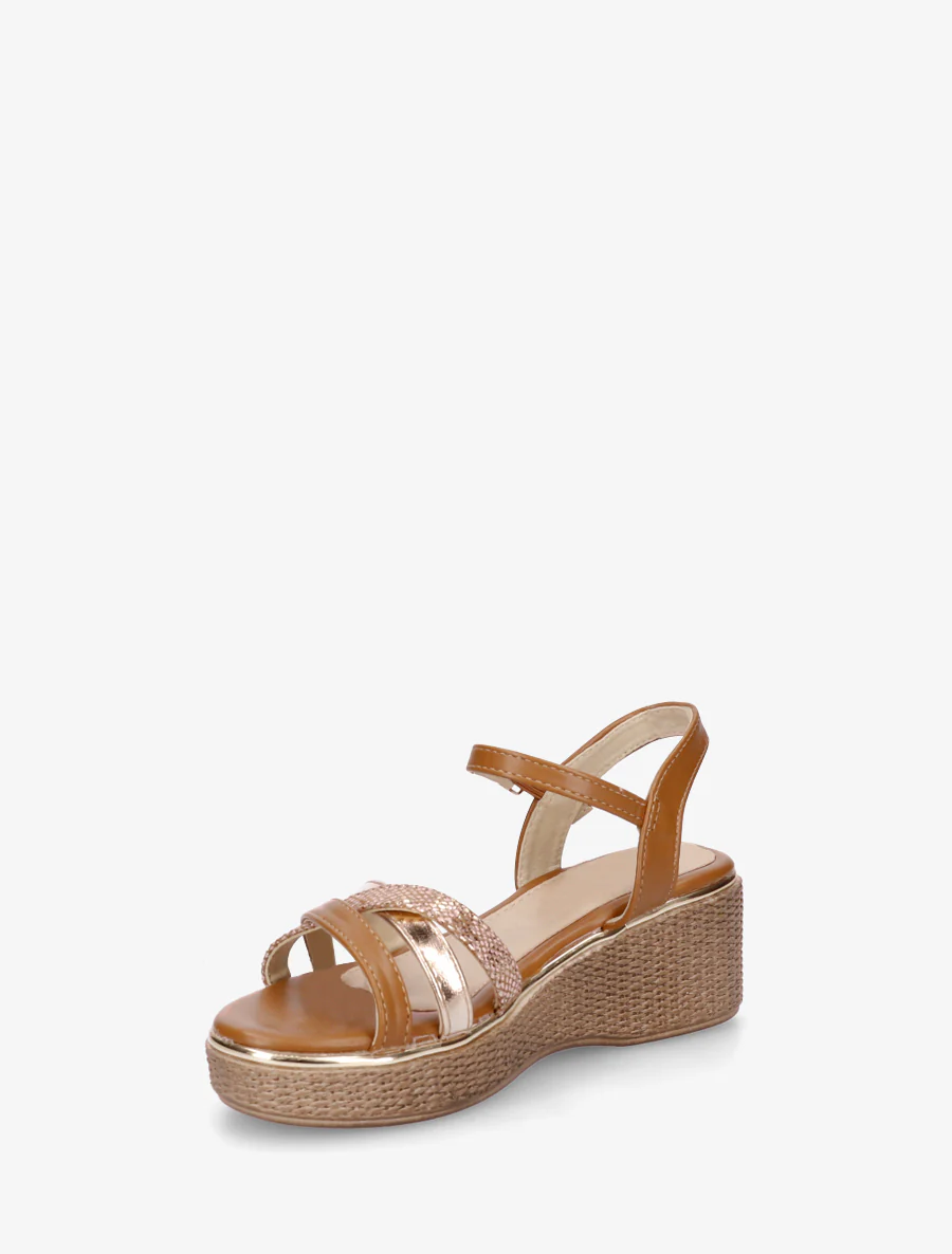 Sandales compensées à brides croisées fantaisies - Camel - Image 3