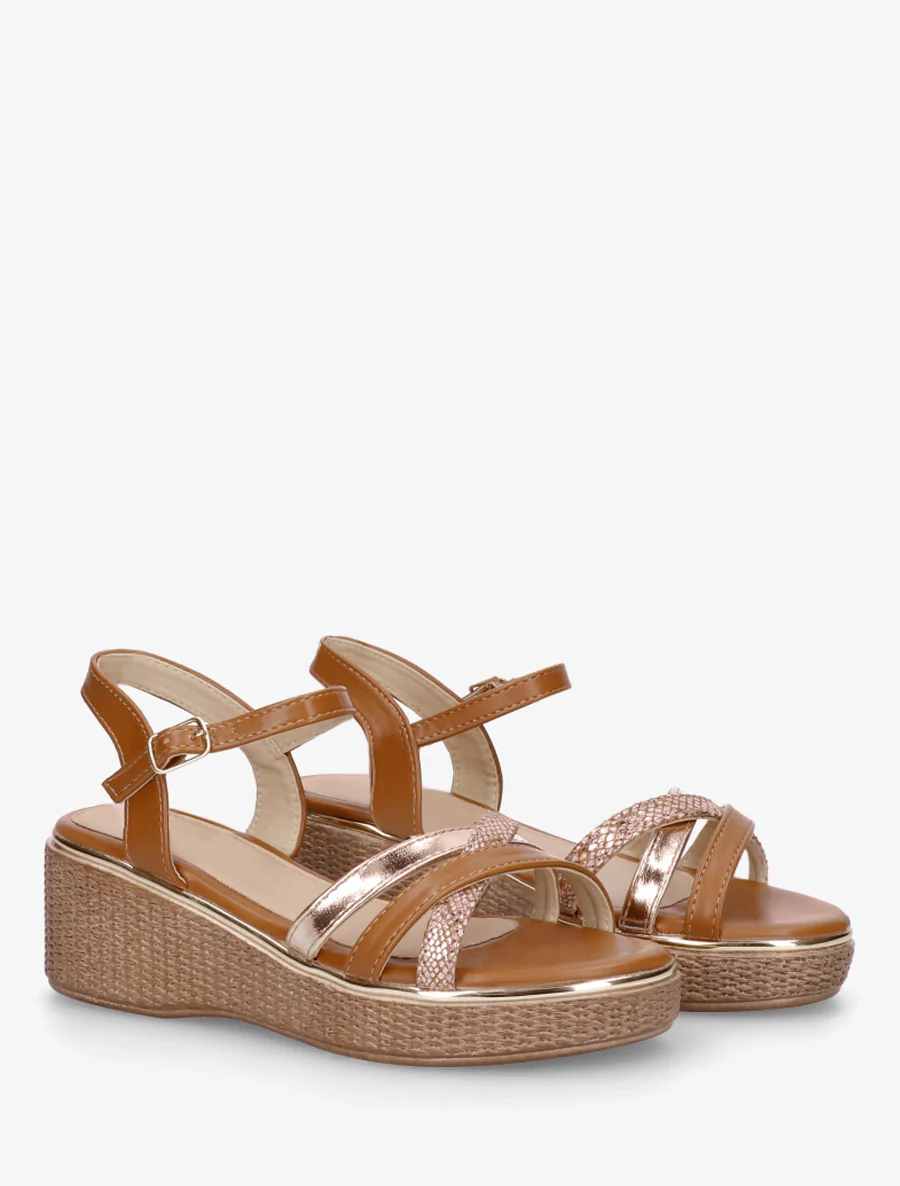 Sandales compensées à brides croisées fantaisies - Camel - Image 4