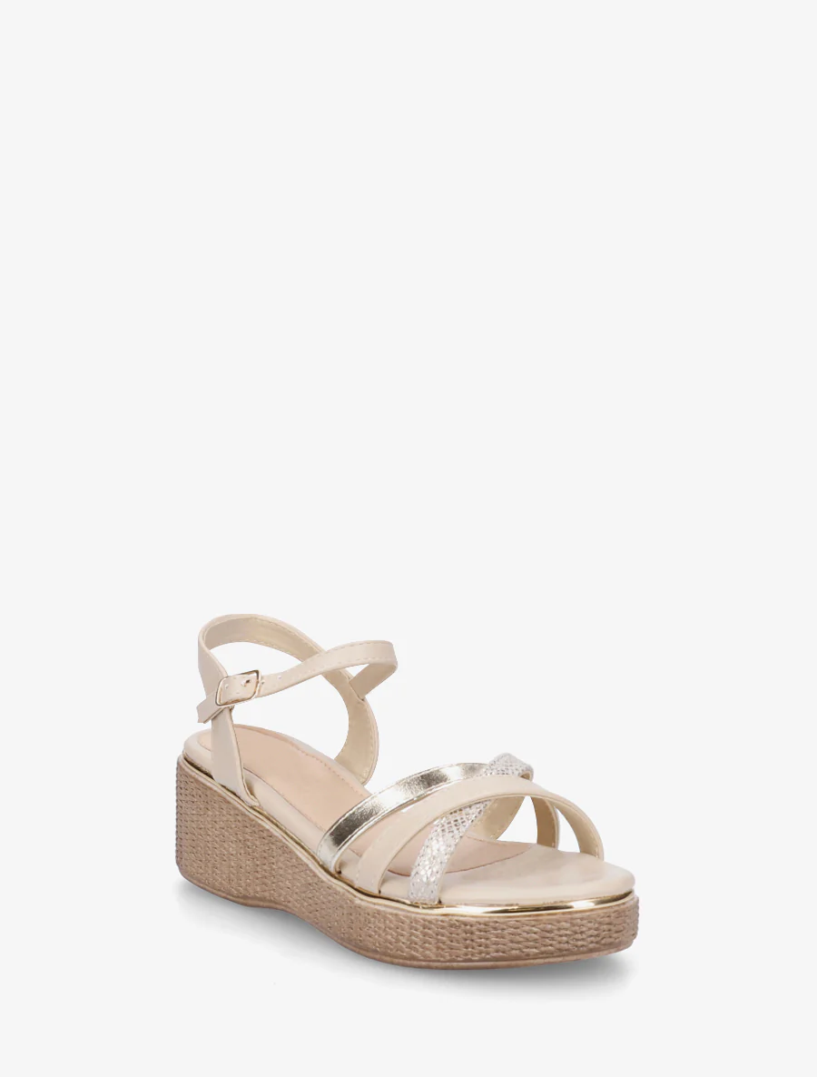 Sandales compensées à brides croisées fantaisies - Beige - Image 2