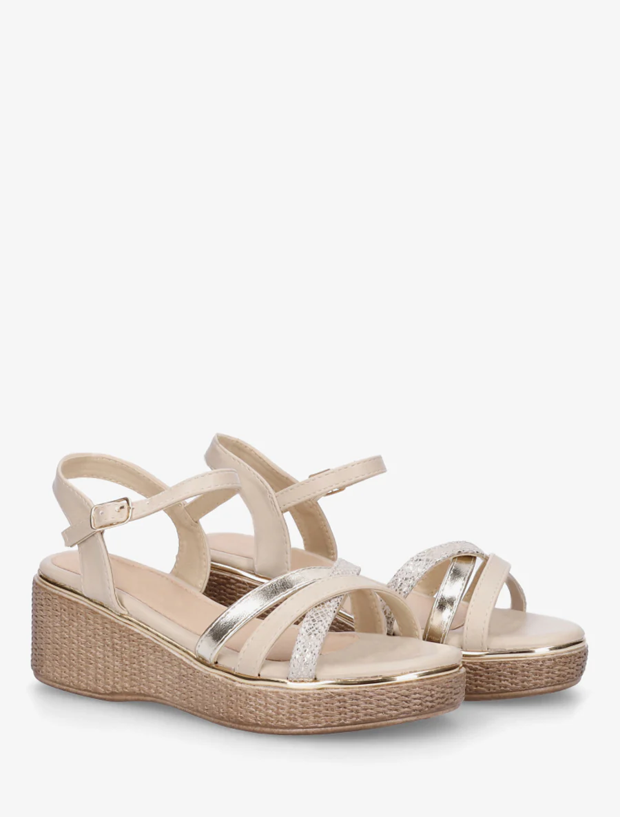 Sandales compensées à brides croisées fantaisies - Beige - Image 4