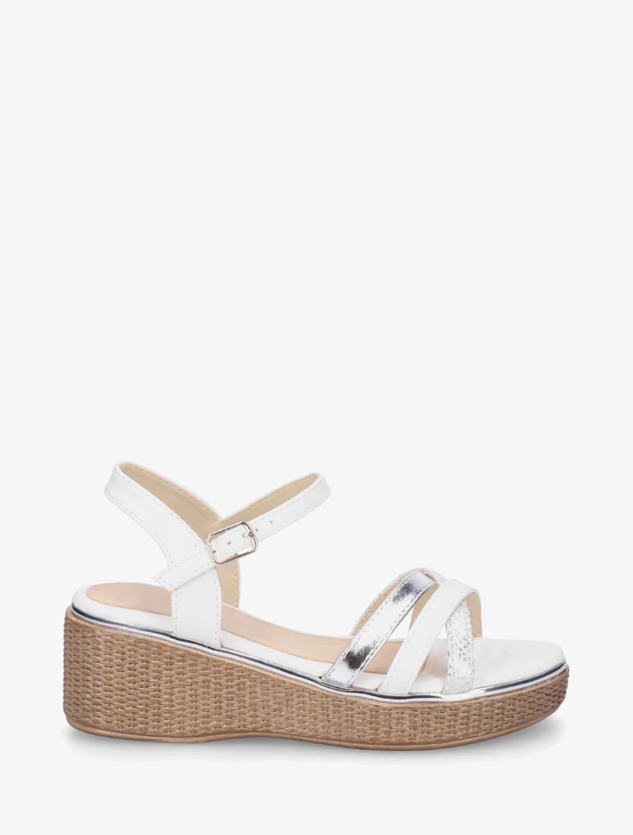 Sandales compensées à brides croisées fantaisies - Blanc