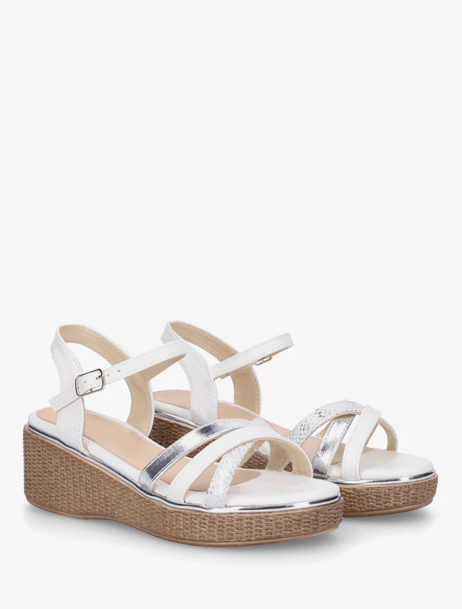 Sandales compensées à brides croisées fantaisies - Blanc - Image 4
