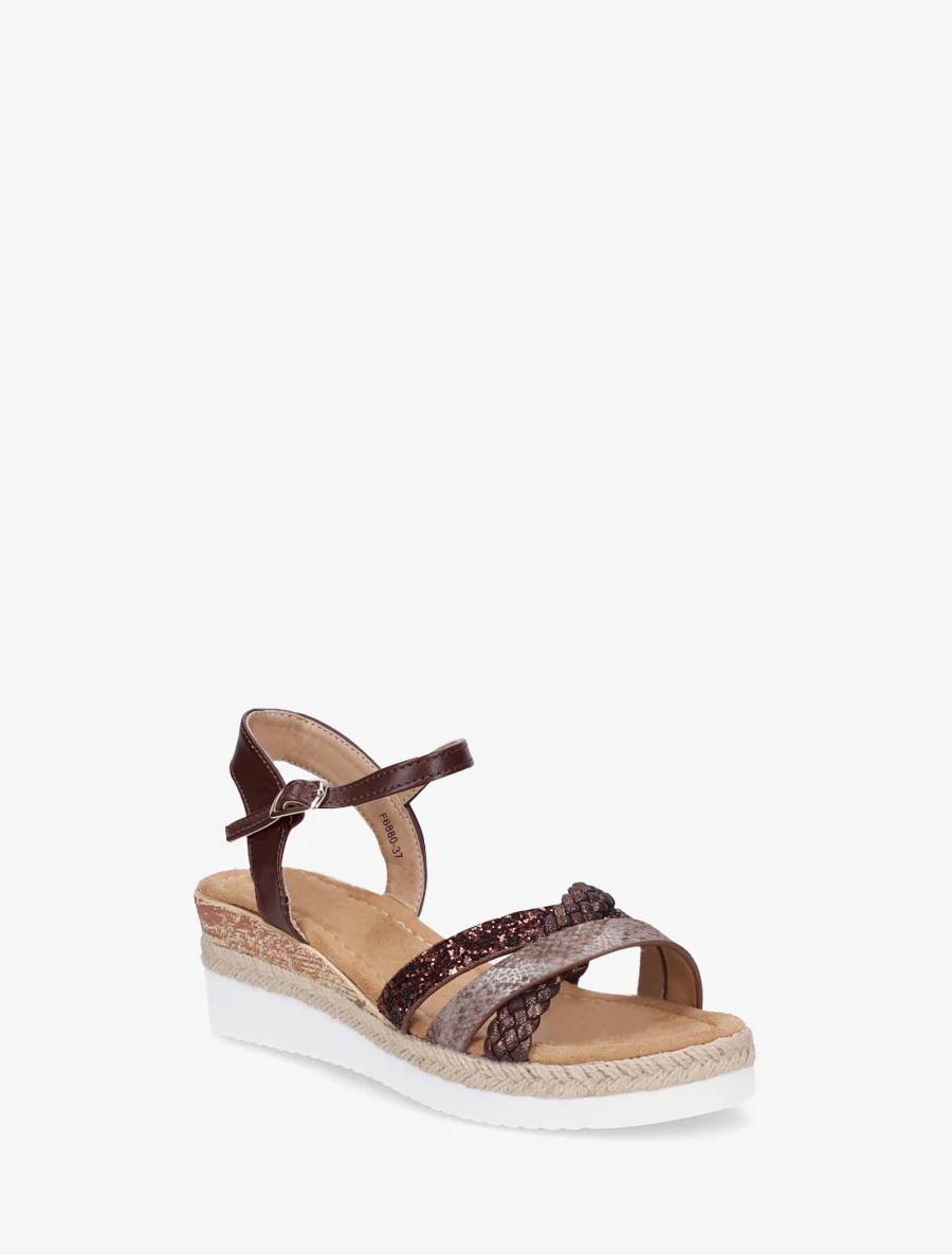 Sandales compensées à brides fantaisies pailletées - Marron - Image 2