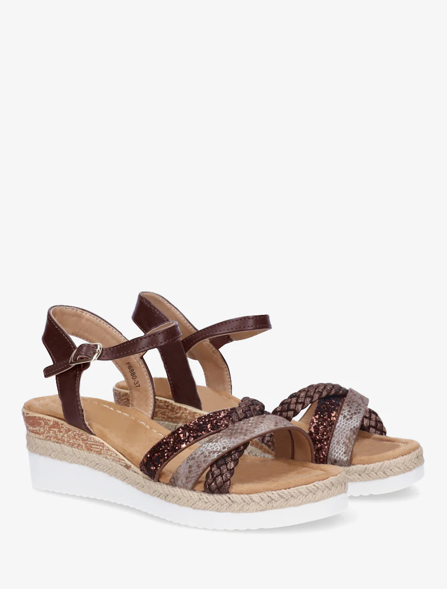 Sandales compensées à brides fantaisies pailletées - Marron - Image 4