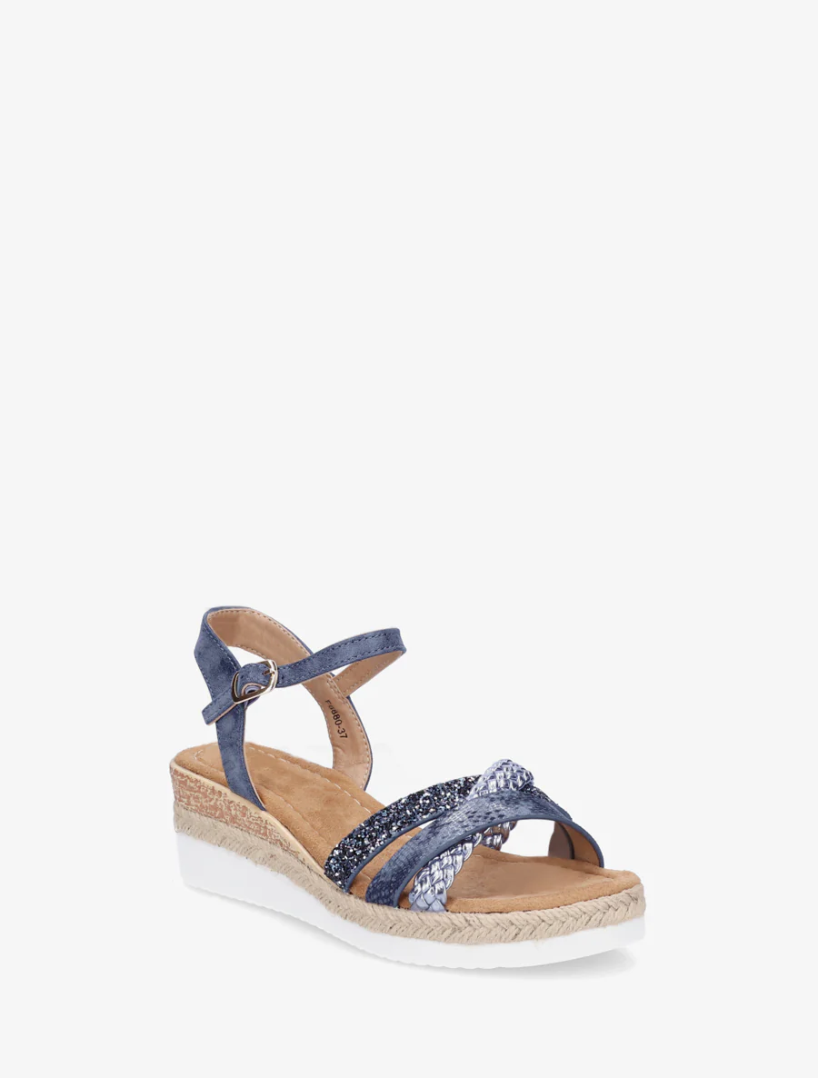 Sandales compensées à brides fantaisies pailletées - Marine - Image 2