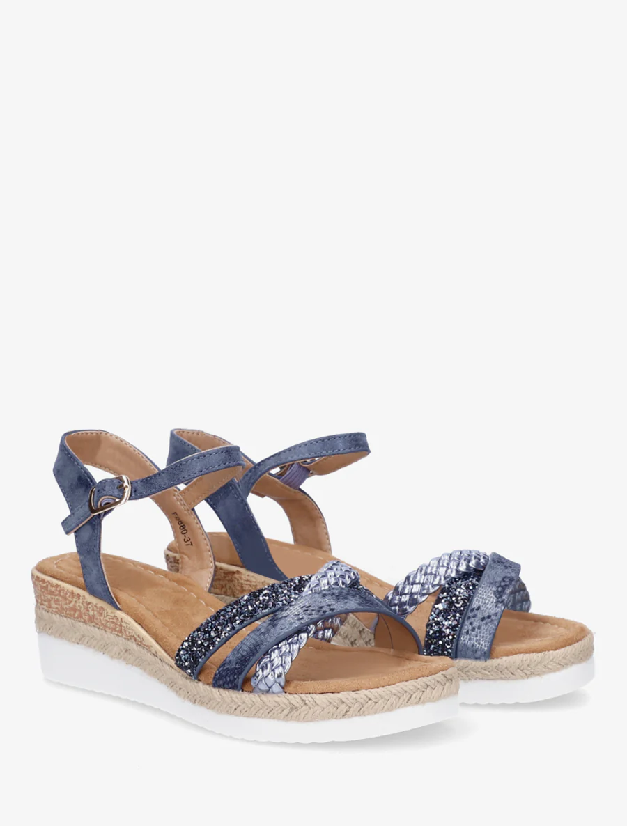 Sandales compensées à brides fantaisies pailletées - Marine - Image 4