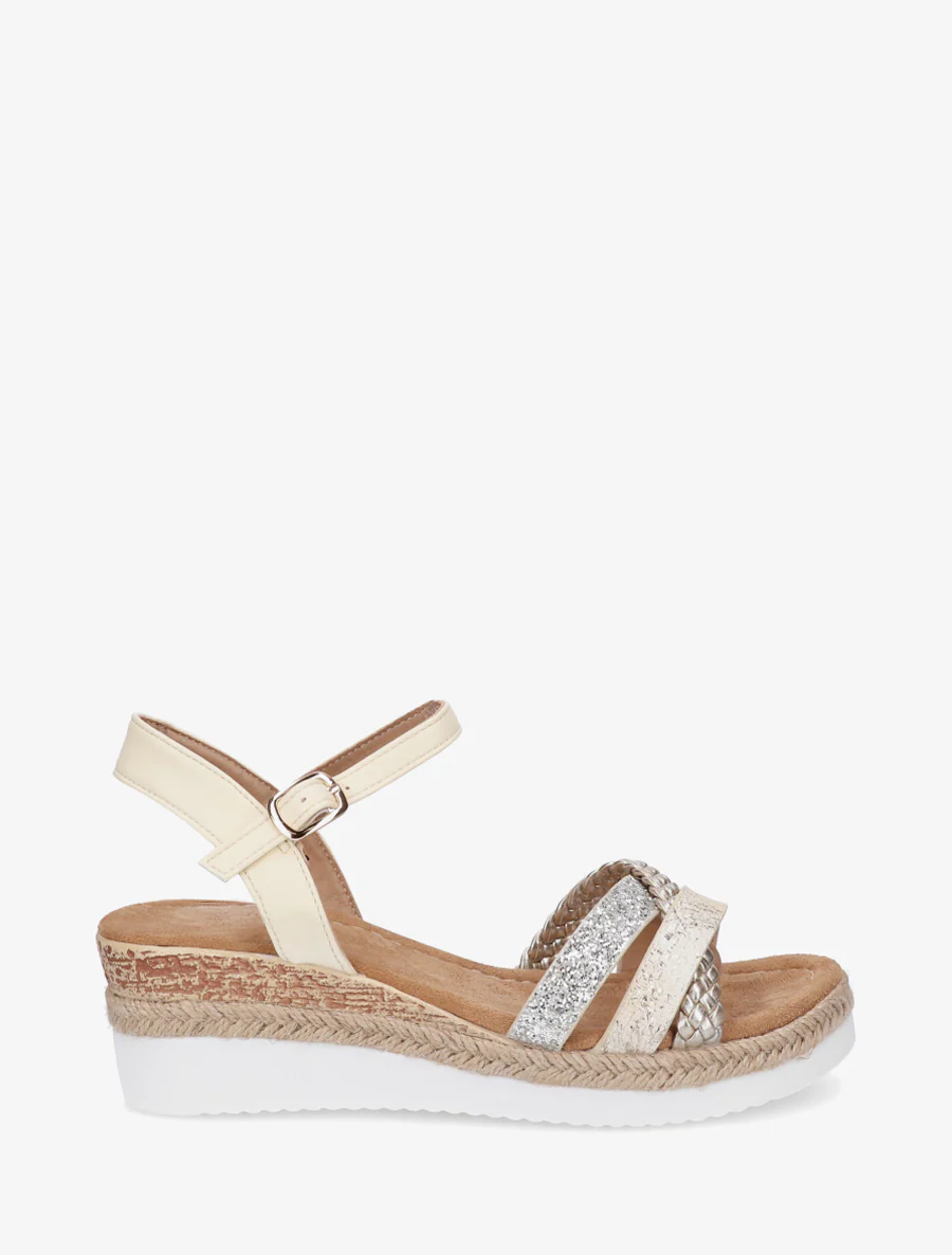 Sandales compensées à brides fantaisies pailletées - Beige