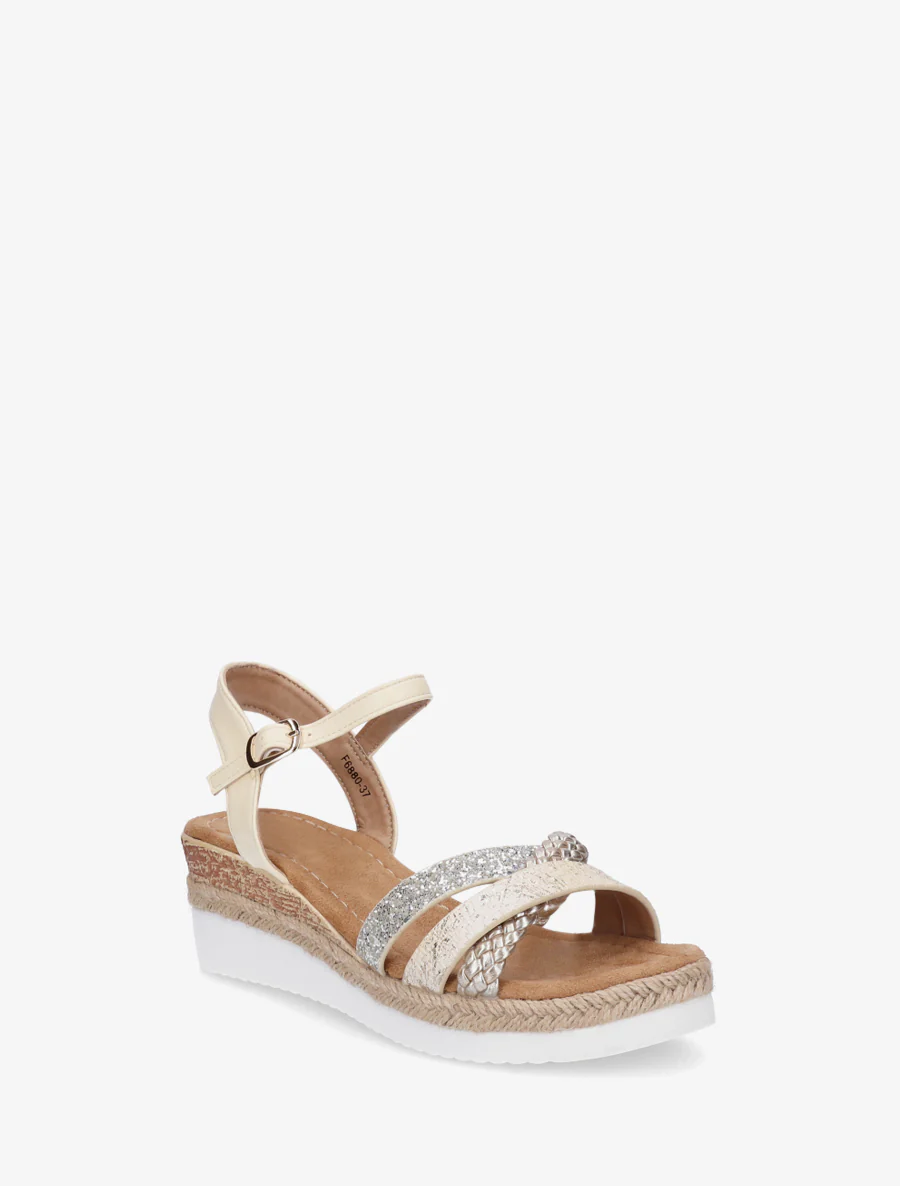 Sandales compensées à brides fantaisies pailletées - Beige - Image 2