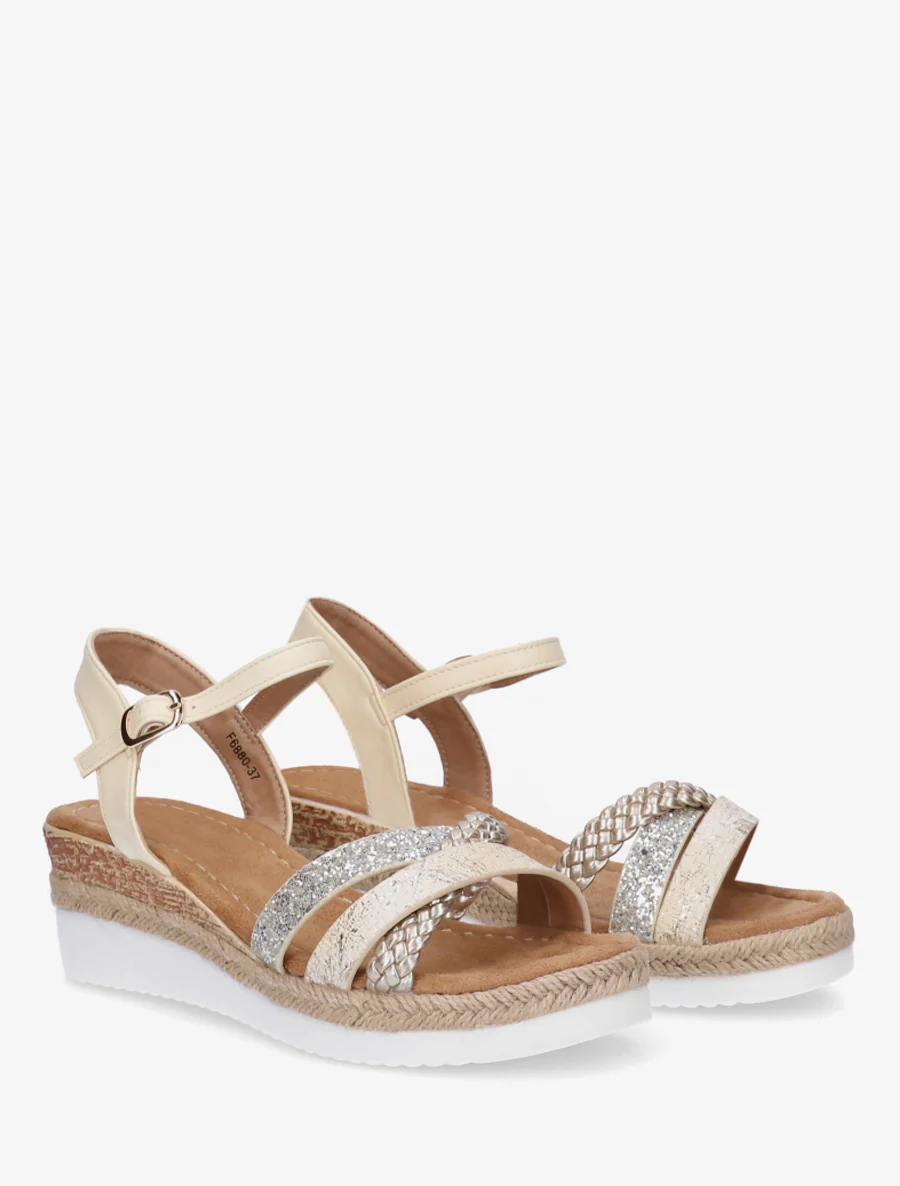 Sandales compensées à brides fantaisies pailletées - Beige - Image 4