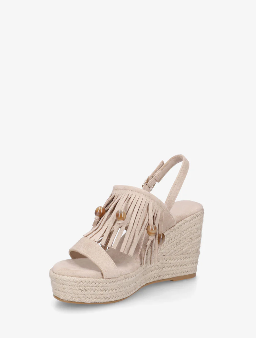 Sandales compensées à franges en suédine - Beige - Image 3