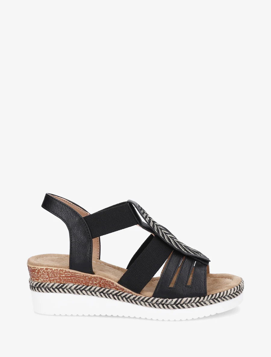 Sandales compensées à motif feuille - Noir