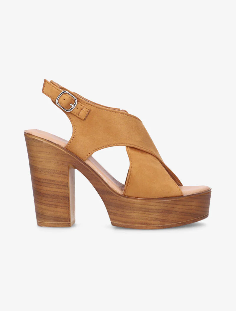 Sandales croisées à talon effet bois - camel